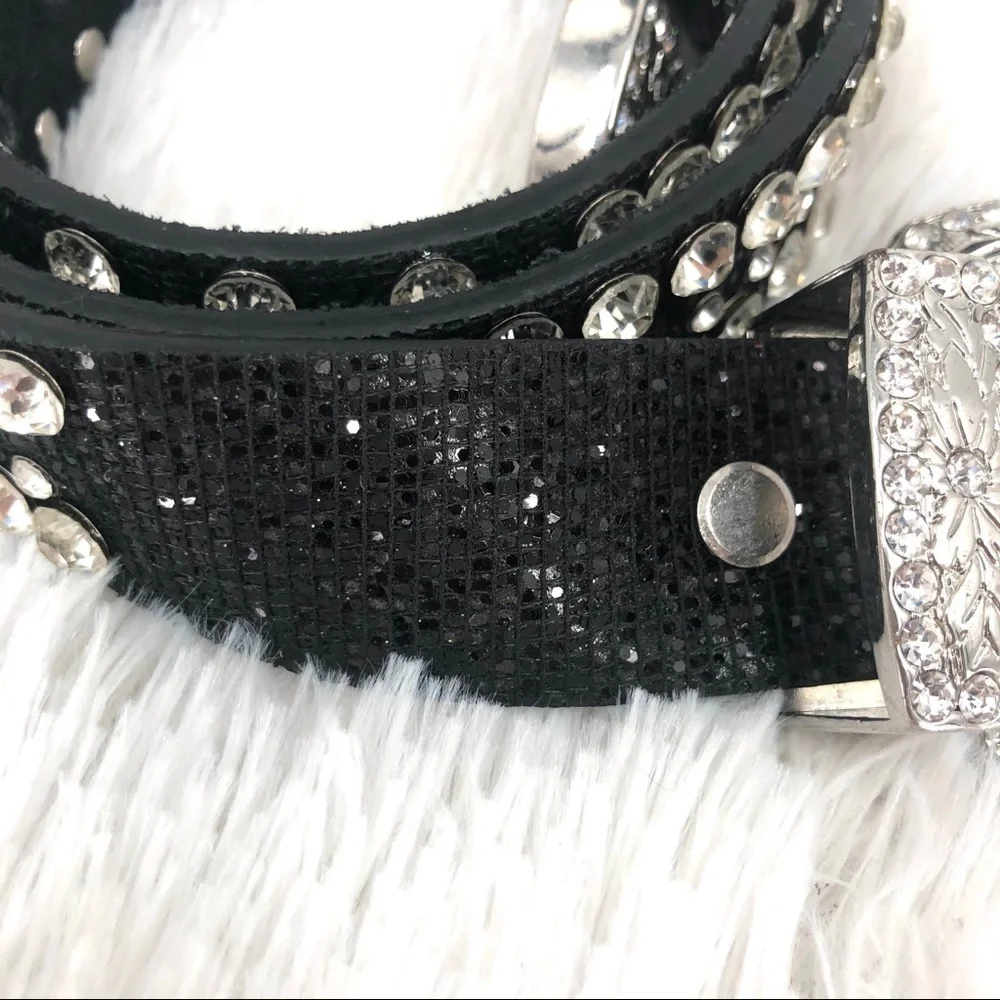 Black Leather & Rhinestone Belt - BLING - Picture 3 of 12